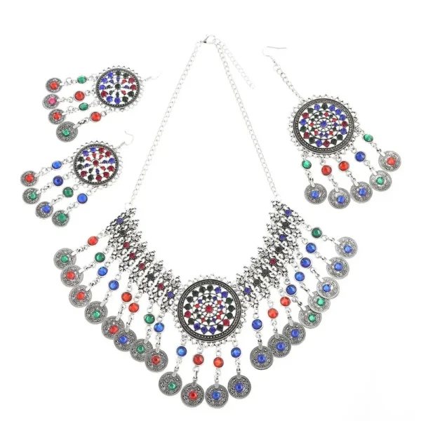 Traditional Ethnic Jewelry Set with Crystals, Coins & Tassels – Perfect for Turkish, Afghan & Indian Fashion - Image 10