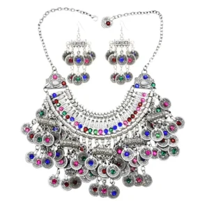 Traditional Ethnic Jewelry Set with Crystals, Coins & Tassels – Perfect for Turkish, Afghan & Indian Fashion