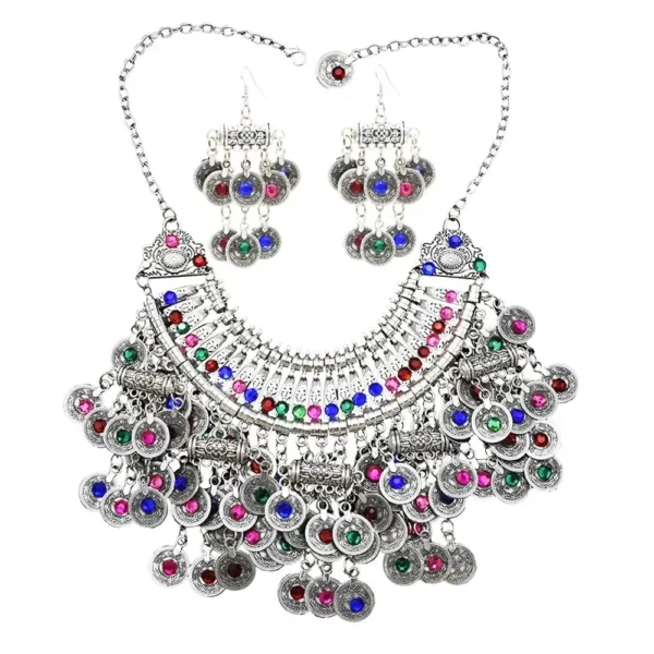 Traditional Ethnic Jewelry Set with Crystals, Coins & Tassels – Perfect for Turkish, Afghan & Indian Fashion