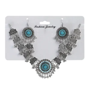 Boho Vintage Blue Bead Turquoise Jewelry Set for Brides, Sterling Silver Geometric Carved Necklace and Earrings for Women – Anniversary Gifts