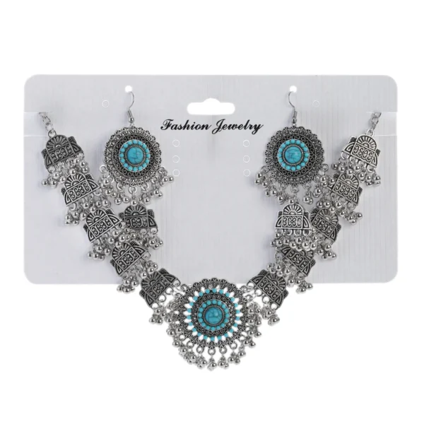 Boho Vintage Blue Bead Turquoise Jewelry Set for Brides, Sterling Silver Geometric Carved Necklace and Earrings for Women – Anniversary Gifts
