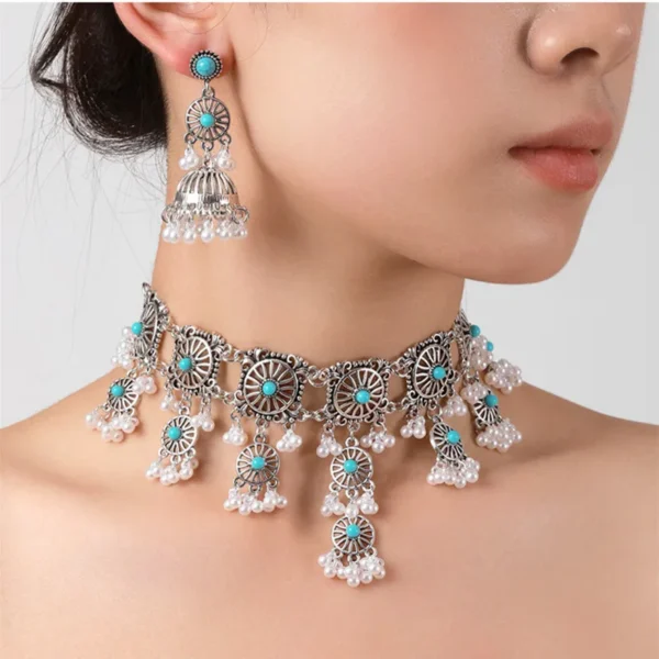 Vintage Schmuck für Frau Metall hohl Design Schmuck Sets simuliert Perle Quaste Halskette Ohrringe Set für Frauen Geschenk - Image 5