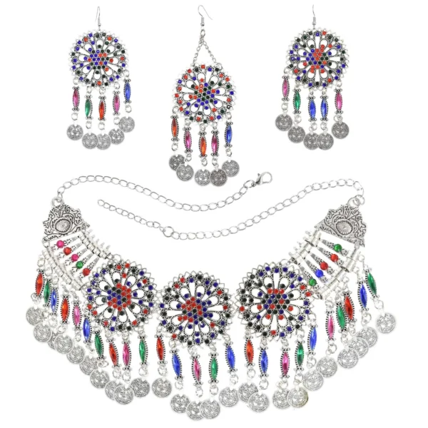 Traditional Ethnic Jewelry Set with Crystals, Coins & Tassels – Perfect for Turkish, Afghan & Indian Fashion - Image 3