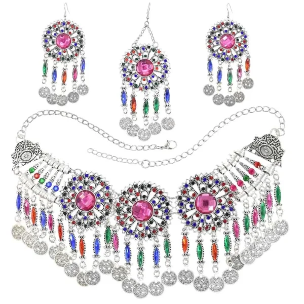 Traditional Ethnic Jewelry Set with Crystals, Coins & Tassels – Perfect for Turkish, Afghan & Indian Fashion - Image 2