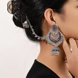Ethnic Heart-Shaped Blue Crystal Earrings – Vintage Silver Metal Tassel Earrings for Women, Wedding Jewelry Gift
