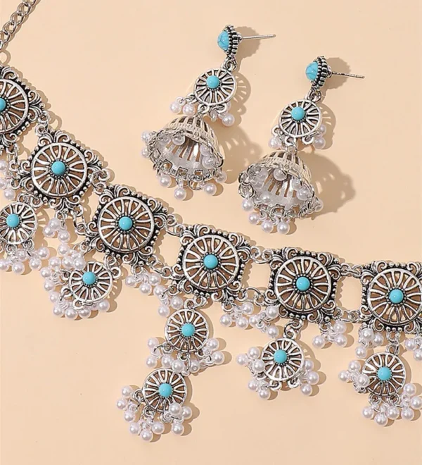 Vintage Schmuck für Frau Metall hohl Design Schmuck Sets simuliert Perle Quaste Halskette Ohrringe Set für Frauen Geschenk