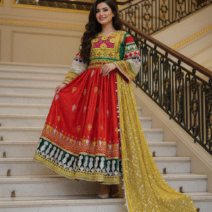 Stunning Red Afghani Dress with Golden Embroidery & Elegant Shawl