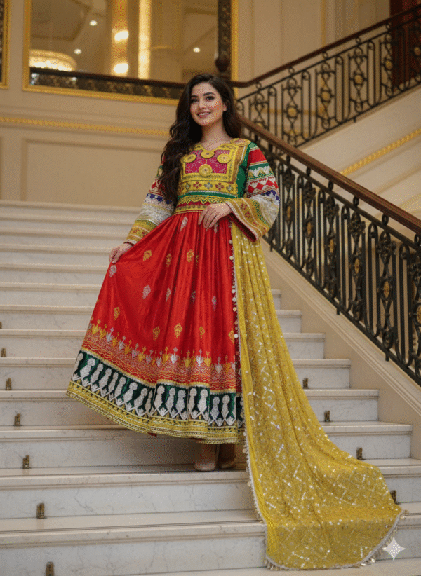 Stunning Red Afghani Dress with Golden Embroidery & Elegant Shawl