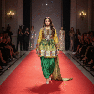 Traditional Green Banarasi Gand-e Afghani Dress Set with Beautiful Shawl