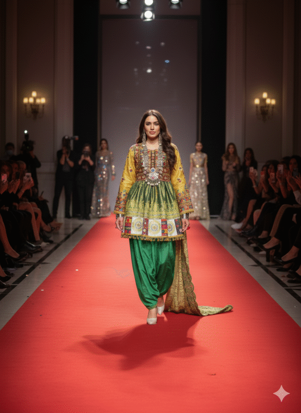 Traditional Green Banarasi Gand-e Afghani Dress Set with Beautiful Shawl