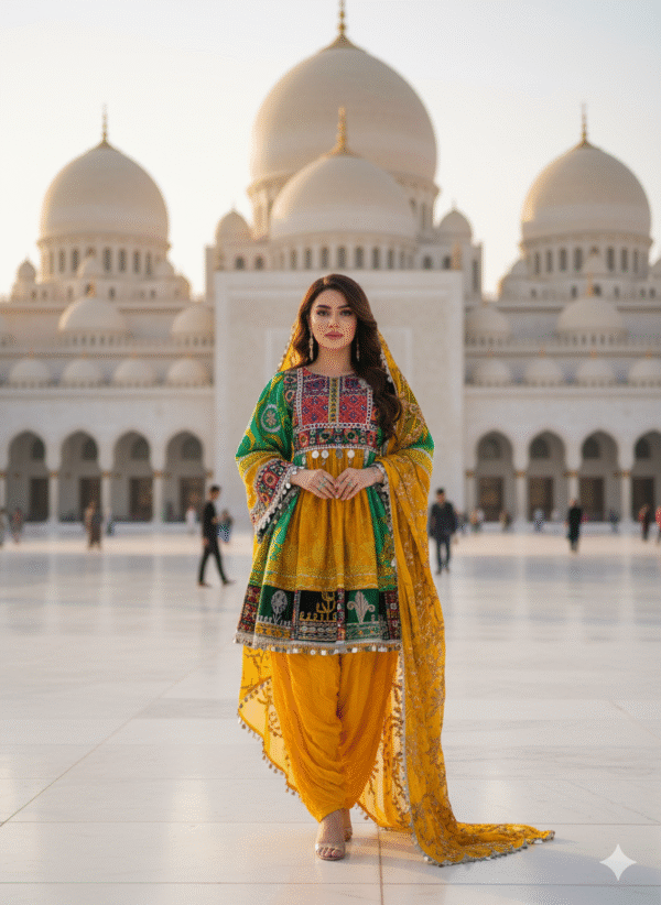 Golden Zari Yellow Banarasi Afghani Dress – Handcrafted Elegance