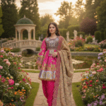 Radiant Elegance: Pink Afghan Dress with Golden Shal