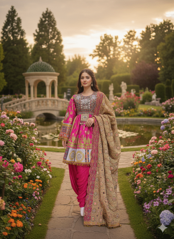 Radiant Elegance: Pink Afghan Dress with Golden Shal