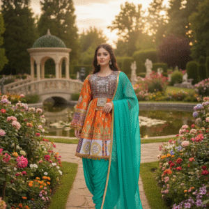 Regal Blue & Orange Banarasi Afghani Dress with Golden Zari