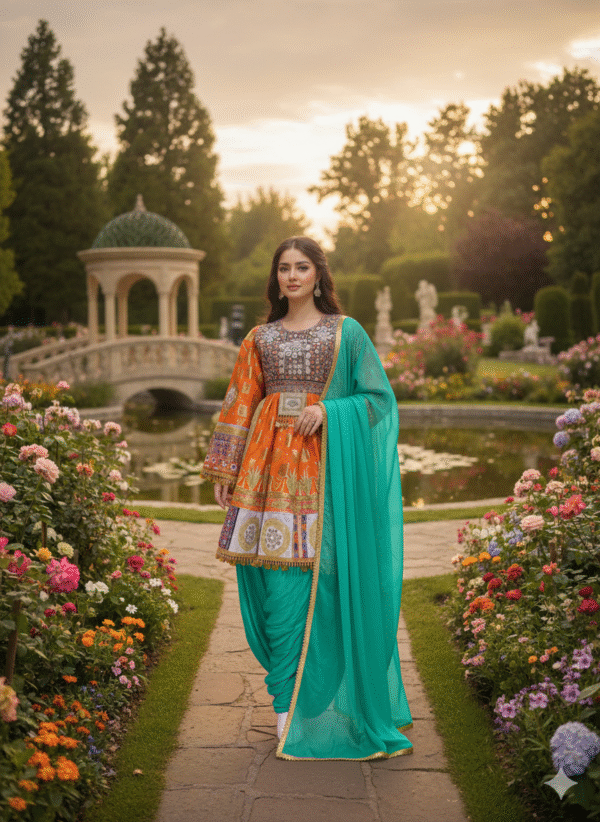 Regal Blue & Orange Banarasi Afghani Dress with Golden Zari