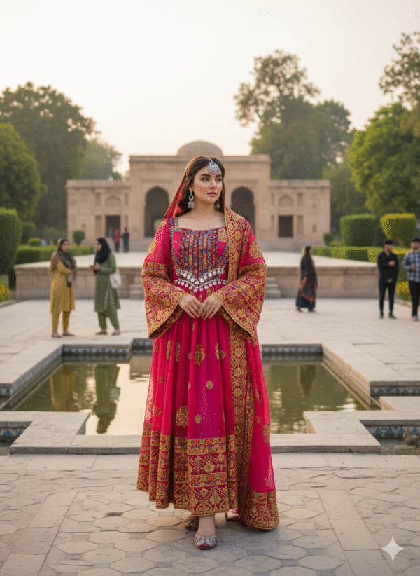 Pink Elegance: Handmade Afghan Gande with Golden Charm