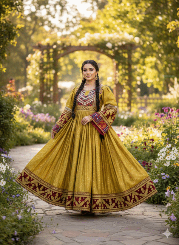 Olive Green Afghani Dress with Golden Zari – Handcrafted Ethnic Elegance
