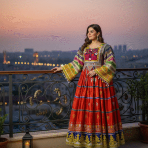 Festive Elegance Handwoven Red and Blue Afghani Dress