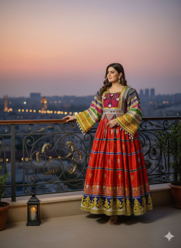 Festive Elegance Handwoven Red and Blue Afghani Dress