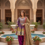 Stunning Purple Banarasi Afghani Dress with Matching Pants & Golden Shawl
