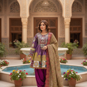 Stunning Purple Banarasi Afghani Dress with Matching Pants & Golden Shawl