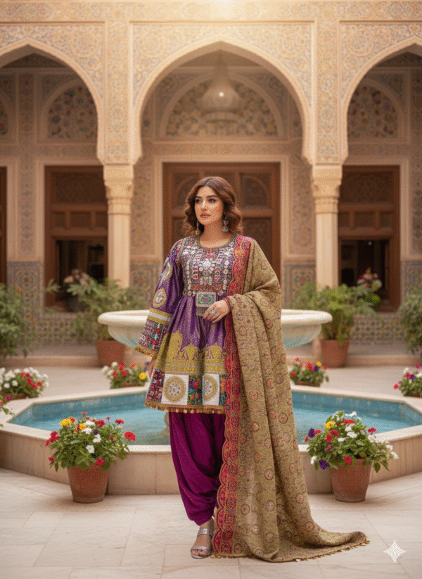 Stunning Purple Banarasi Afghani Dress with Matching Pants & Golden Shawl