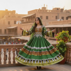 Elegant Green Satin Afghani Dress with Golden Zari – Handcrafted Festive Wear