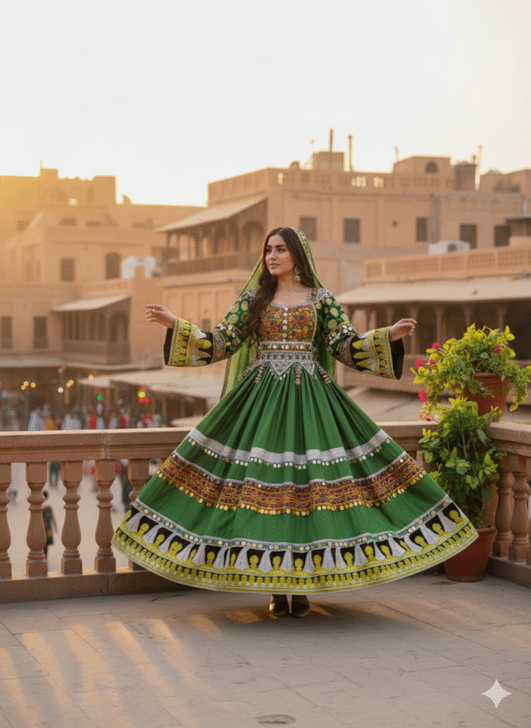 Elegant Green Satin Afghani Dress with Golden Zari – Handcrafted Festive Wear