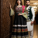 Glamorous Black & Golden Satin Afghani Dress – Handcrafted Festive Wear