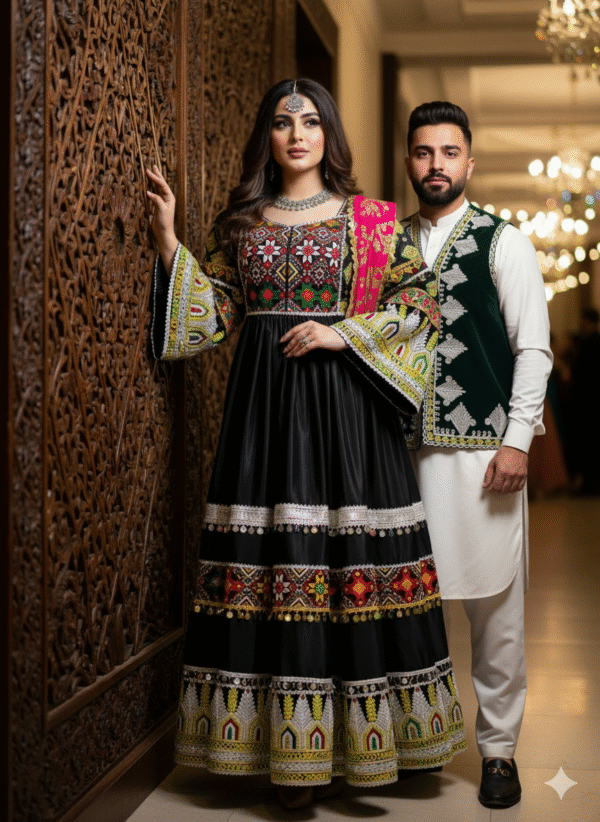 Glamorous Black & Golden Satin Afghani Dress – Handcrafted Festive Wear