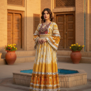 Traditional Orange Gand-e Afghani Ensemble with Golden Detailing