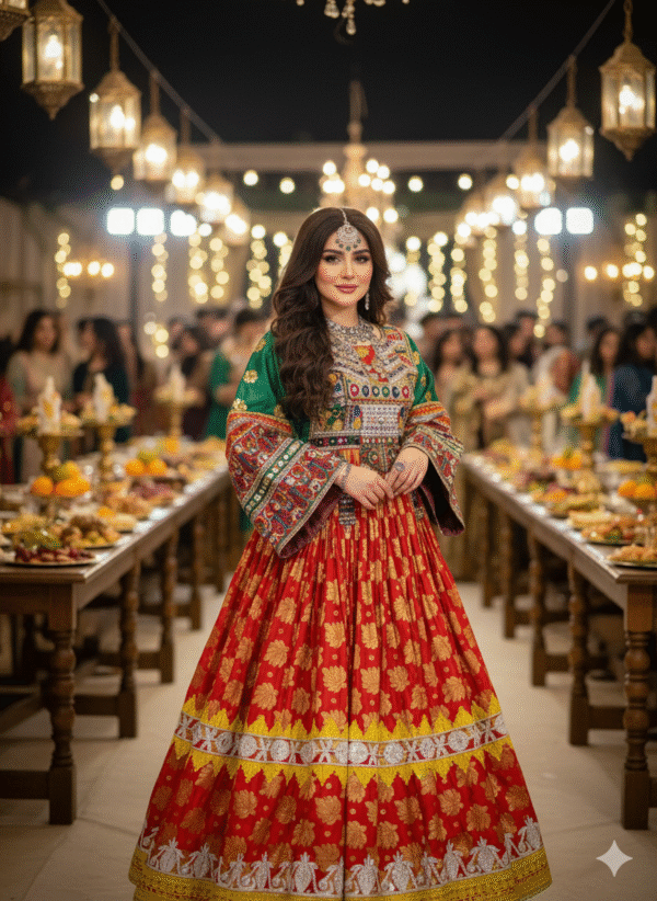 Royal Red Banarasi Gand-e Afghani Outfit with Intricate Golden Embroidery