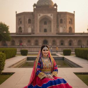 Handmade Afghan Beauty – Pink & Dark Blue with Golden Charm