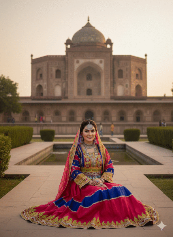 Handmade Afghan Beauty – Pink & Dark Blue with Golden Charm