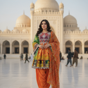 Golden Zari Adorned Orange and Green Banarasi Short Afghani Dress