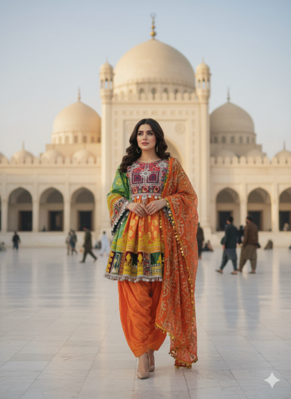 Golden Zari Adorned Orange and Green Banarasi Short Afghani Dress