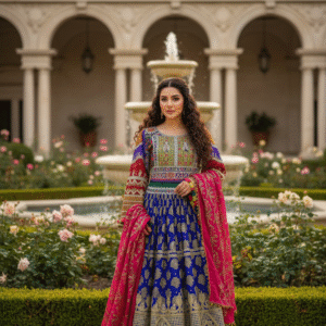 Luxury Blue Banarasi Afghani Dress – Timeless Craft