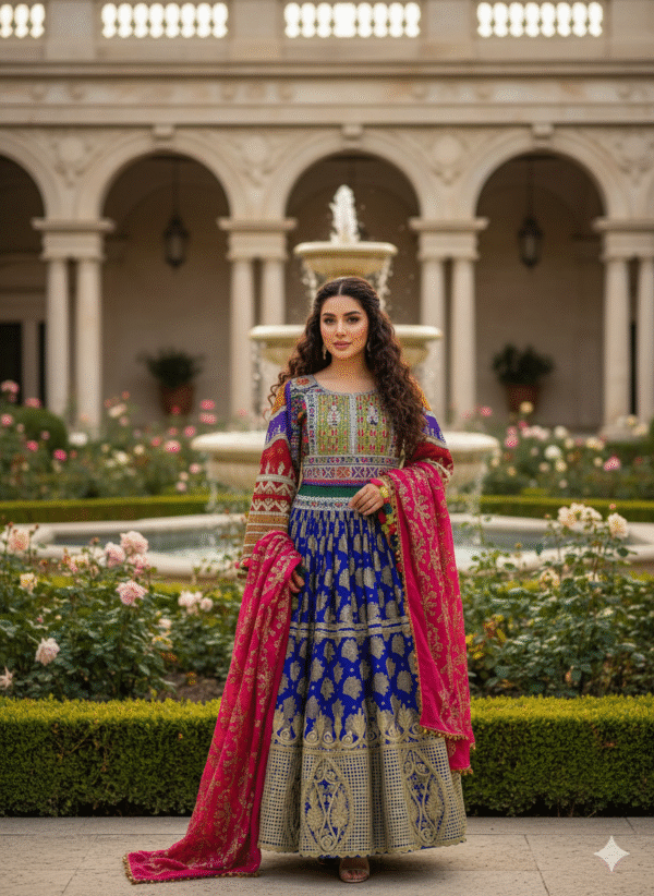 Luxury Blue Banarasi Afghani Dress – Timeless Craft