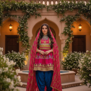 Afghan Pink & Blue Dress – A Harmony of Tradition and Elegance