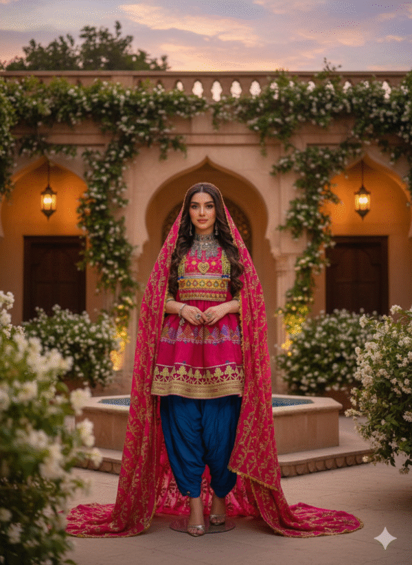 Afghan Pink & Blue Dress – A Harmony of Tradition and Elegance