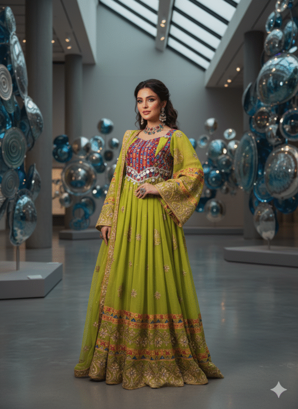 Emerald Grace: Handcrafted Light Green Afghani Gand with Golden Zari