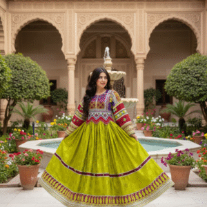 Verdant Elegance: Afghan Artisan Gand in Light Green with Golden Zari