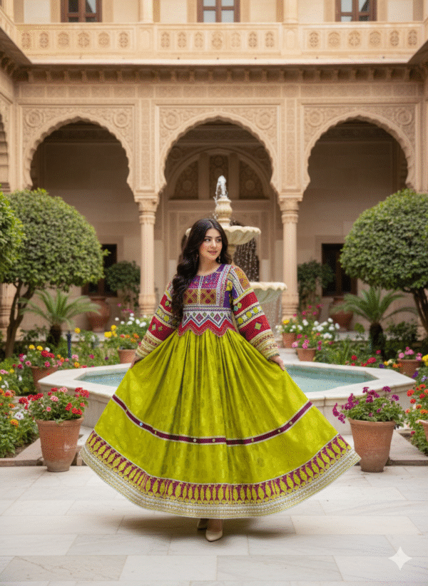 Verdant Elegance: Afghan Artisan Gand in Light Green with Golden Zari