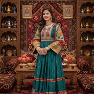 Golden Embroidered Gand-e Afghani Dress – Handcrafted Ethnic Elegance