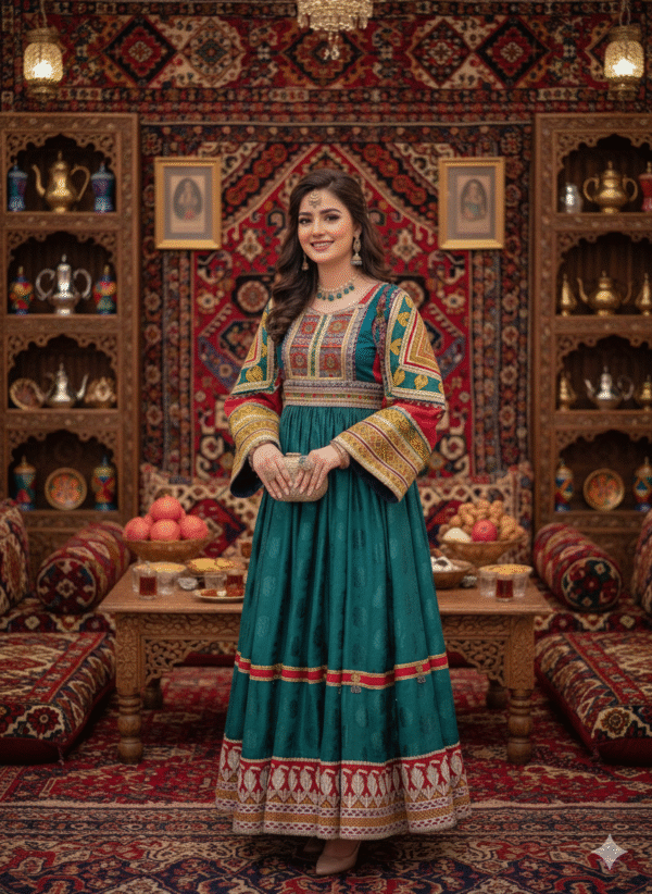 Golden Embroidered Gand-e Afghani Dress – Handcrafted Ethnic Elegance